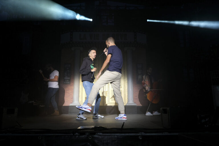 France, Sauveterre de Rouergue, 2019-08-01. The Toulouse rap duo Bigflo et Oli play an open air stage in the village of 