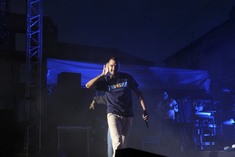 France, Sauveterre de Rouergue, 2019-08-01. The Toulouse rap duo Bigflo et Oli play an open air stage in the village of 