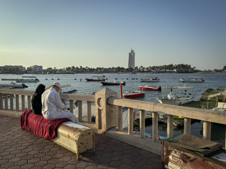 Saudi Arabia, Jeddah, 2024-02-13. North of Jeddah, the Kingdom Tower rises unfinished above the shore, a stalled symbol 
