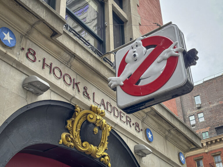 United States, New York, 2026-08-16. The Ghostbusters sign hangs at the entrance of the Hook and Ladder 8 firehouse in T