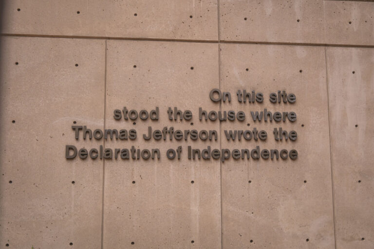 United States, Philadelphia, 2026-08-14. An inscription recalls that the house where Thomas Jefferson wrote the Declarat