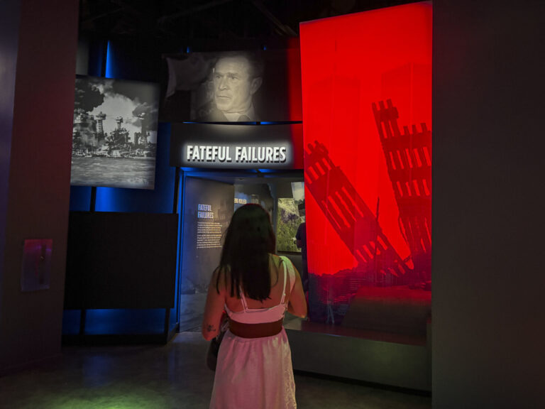 United States, Washington, 2026-08-12. A visitor in front of the Fateful Failures section, devoted to intelligence failu