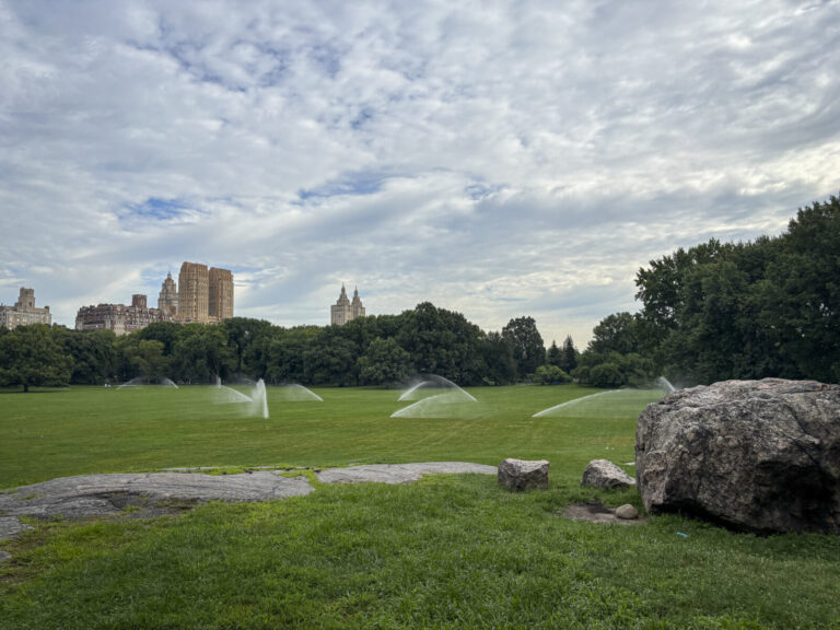 United States, New York, 2026-08-05. Sprinklers water a lawn of Central Park in the early morning. Photograph by Fred MA