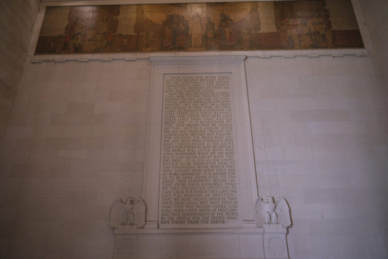 United States, Washington, 2026-08-11. The Gettysburg Address engraved on a wall of the Lincoln Memorial, under its mura