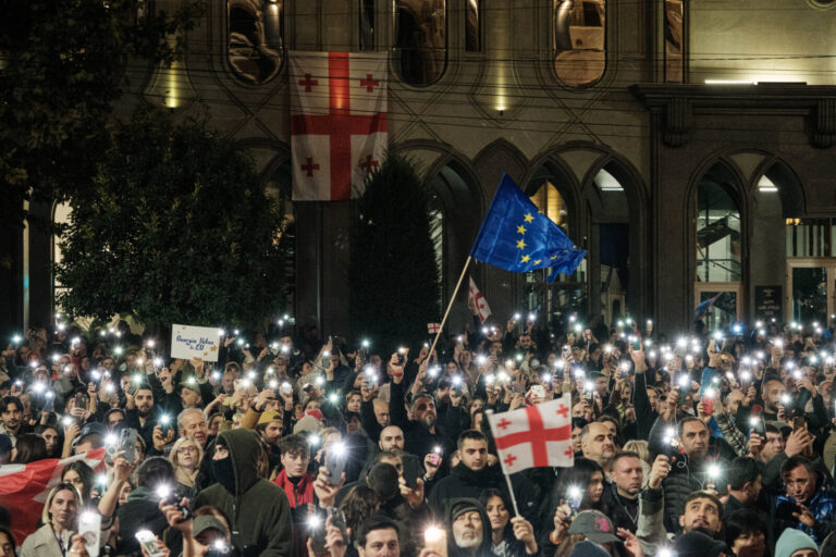 Georgia, Tbilisi, 2024-10-28. Thousands of Georgians rallied in front of the parliament to protest against what they per