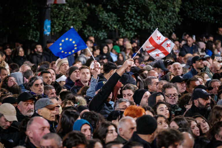 Georgia, Tbilisi, 2024-10-28. Thousands of Georgians rallied in front of the parliament to protest against what they per