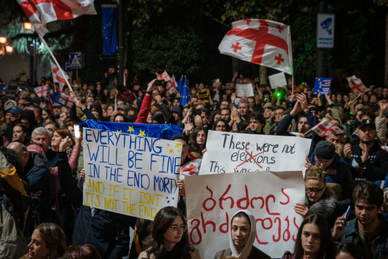 Georgia, Tbilisi, 2024-10-28. Thousands of Georgians rallied in front of the parliament to protest against what they per