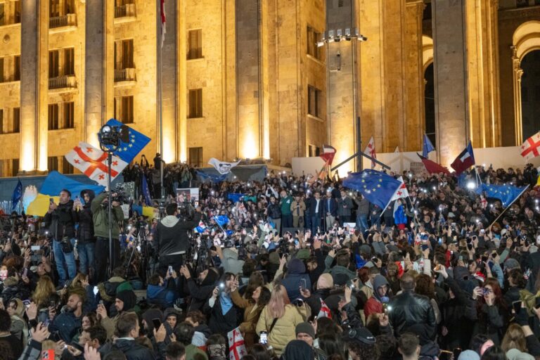 Georgia, Tbilisi, 2024-10-28. Thousands of Georgians rallied in front of the parliament to protest against what they per