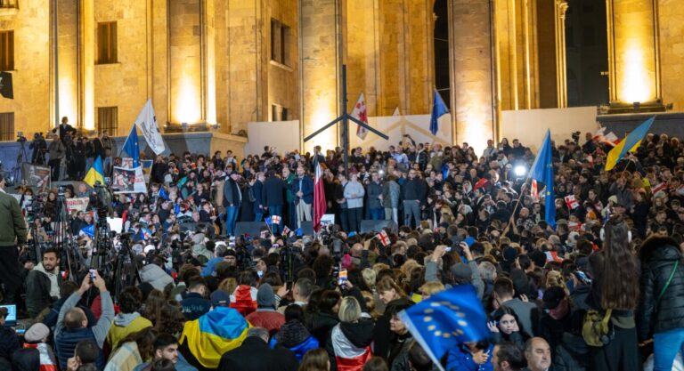Georgia, Tbilisi, 2024-10-28. Thousands of Georgians rallied in front of the parliament to protest against what they per
