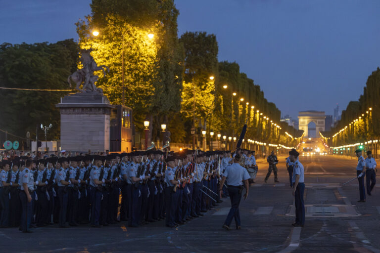 France, Paris, 2023-07-10. Preparation for the July 14 parade on the Champs Elysees. A few days before the national day,