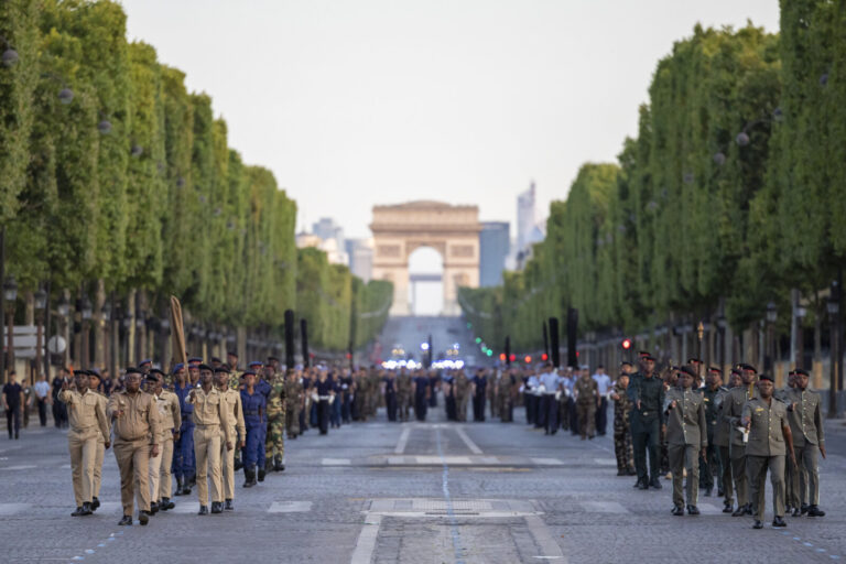 France, Paris, 2023-07-10. Preparation for the July 14 parade on the Champs Elysees. A few days before the national day,