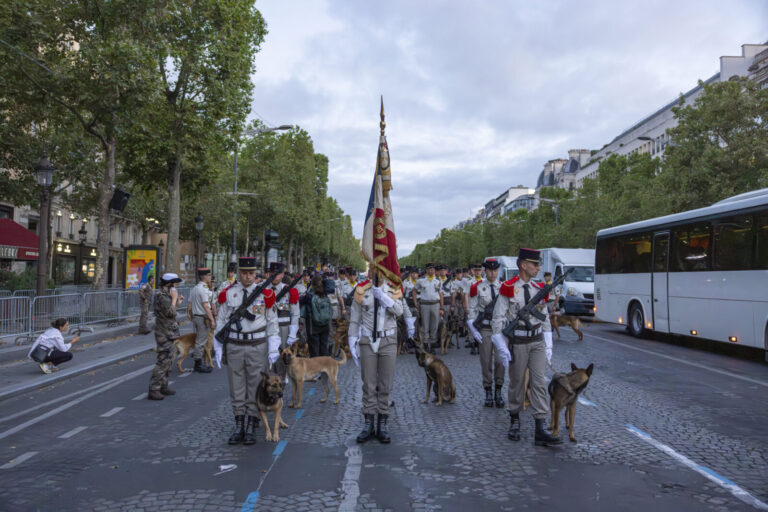 France, Paris, 2023-07-12. Preparation for the July 14 parade on the Champs Elysees. A few days before the national day,