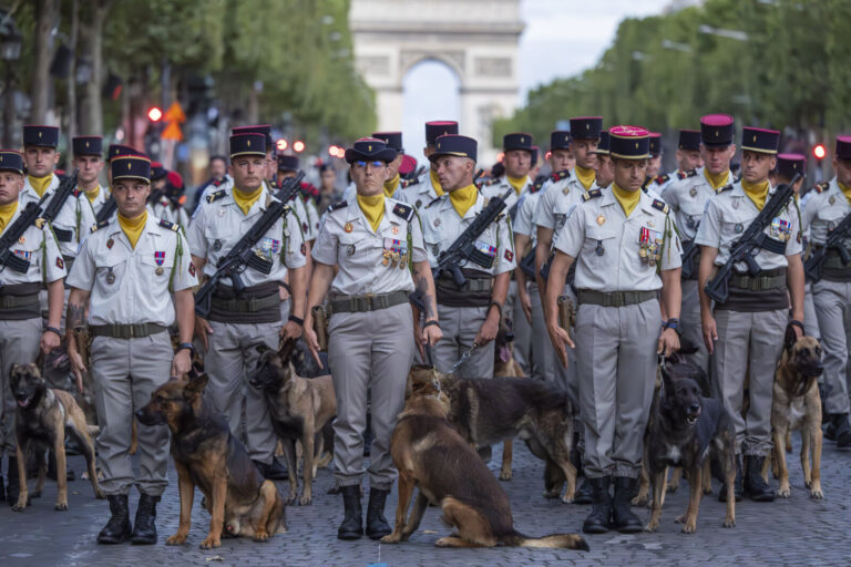 France, Paris, 2023-07-12. Preparation for the July 14 parade on the Champs Elysees. A few days before the national day,