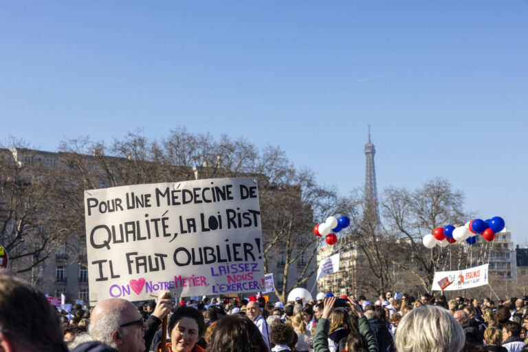 France, Paris, 2023-02-14. Demonstration of liberal doctors in Paris on the day of the strike to demand price increases 
