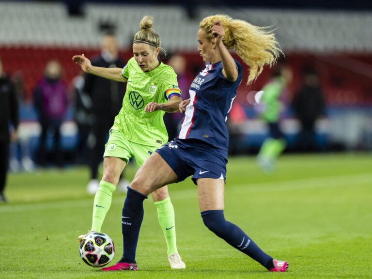 France, Paris, 2023-03-22. Quarterfinal of the Women Champions League, match between PSG and VFL Wolfsburg. Final score 