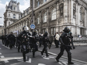 France, Paris, 2026-10-17. Thousands of demonstrators gather on the Place de la République during a major national prote
