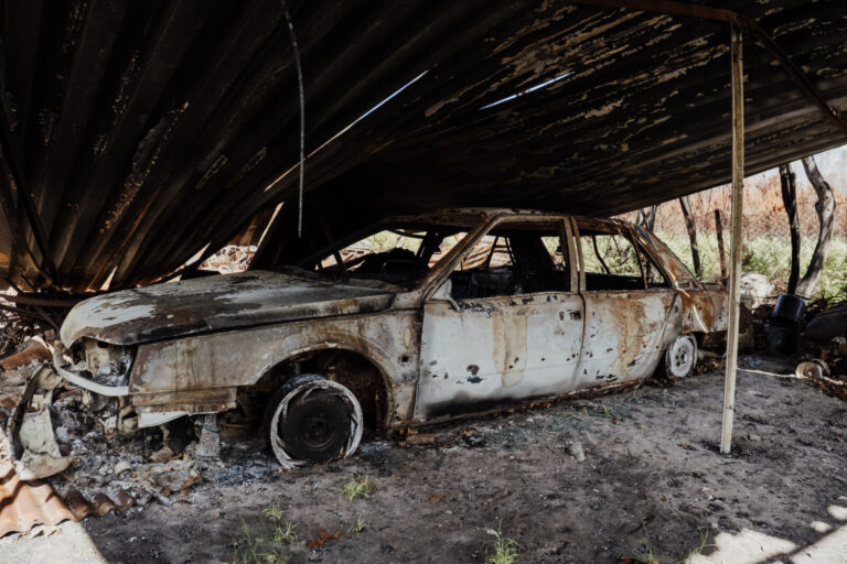 France, Le Porge, 2026-09-11. France, Nouvelle Aquitaine, Gironde, Le Porge, July 2026. A burned vehicle stands in a hea