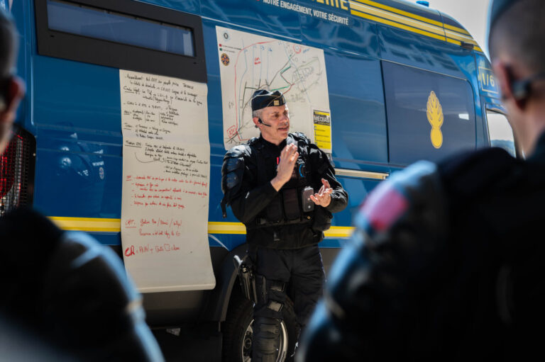 France, Saint-Astier, 2025-04-09. Mobile gendarmes take part in a training and evaluation exercise at the Centre Nationa