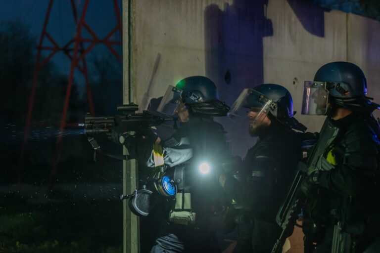 France, Saint-Astier, 2025-04-09. Mobile gendarmes take part in a training and evaluation exercise at the Centre Nationa