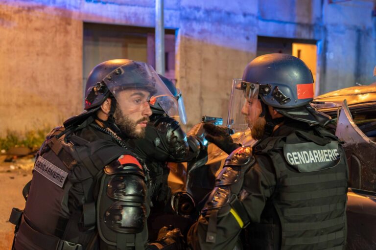 France, Saint-Astier, 2025-04-09. Mobile gendarmes take part in a training and evaluation exercise at the Centre Nationa