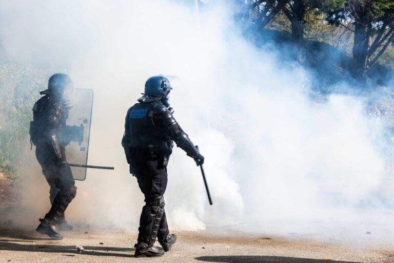 France, Saint-Astier, 2025-04-09. Mobile gendarmes take part in a training and evaluation exercise at the Centre Nationa