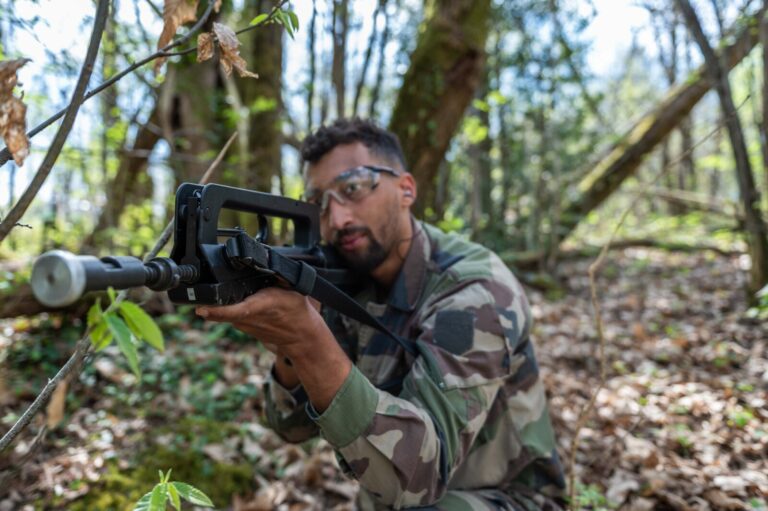 France, Saint-Astier, 2025-04-09. Mobile gendarmes take part in a training and evaluation exercise at the Centre Nationa
