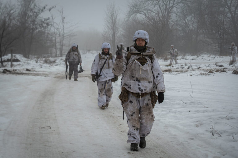 Ukraine, Pavlohrad, 2026-01-29. Ukrainian soldiers take part in a military training session in an area located close to 