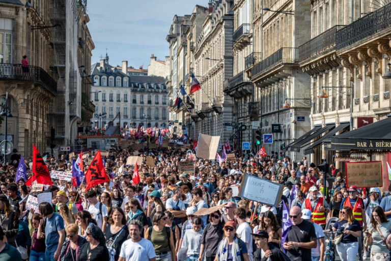 France, Bordeaux, 2026-10-06. On October 6, 2026, nearly 9,000 people march through Bordeaux. Initially called around so