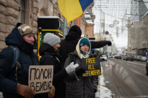 Ukraine, Kharkiv, 2026-01-24. Women take part in a demonstration in Kharkiv calling for the release of Ukrainian prisone