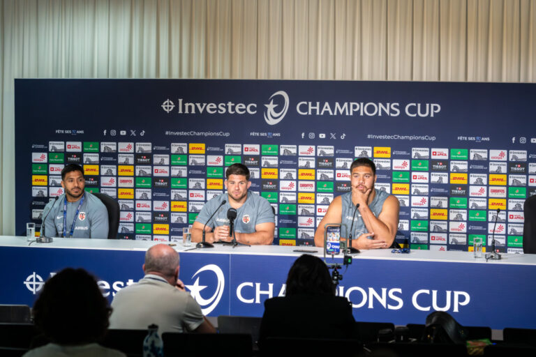 France, Bordeaux, 2025-05-03. Julien Marchand, Pita Ahki, Emmanuel Meafou player of Stade Toulousain, during the pre-mat