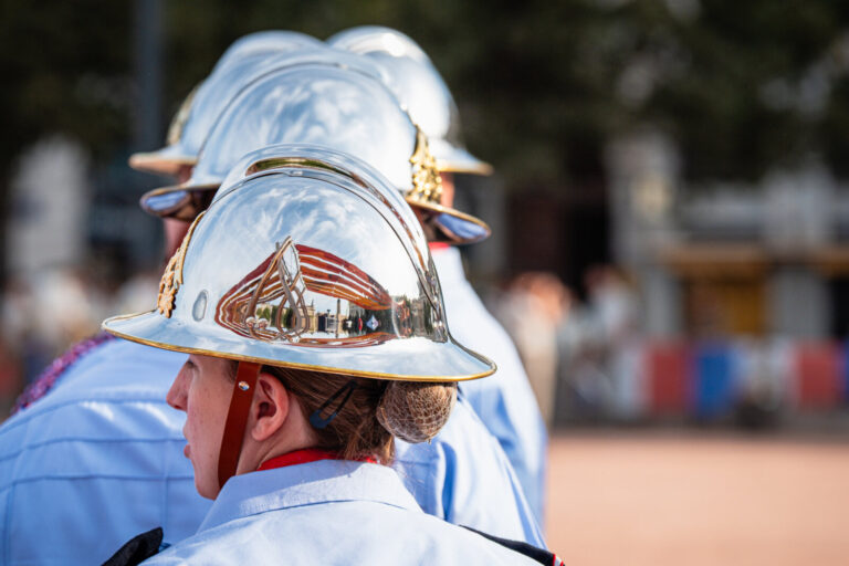 France, Lyon, 2026-07-14. Firefighters' helmets lined up ahead of the 14 July parade on Place Bellecour. Photograph by F