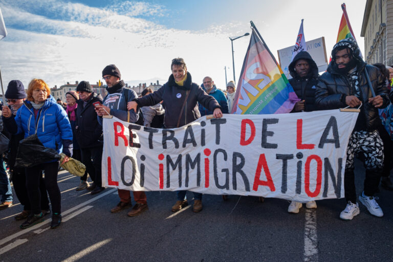 France, Lyon, 2024-01-21. Another demonstration against the immigration law, with a large turnout on the route from Plac