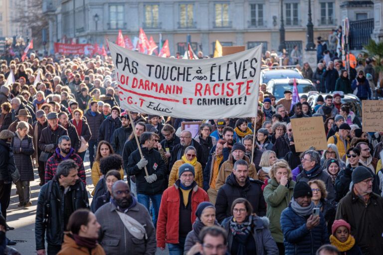 France, Lyon, 2024-01-21. Another demonstration against the immigration law, with a large turnout on the route from Plac