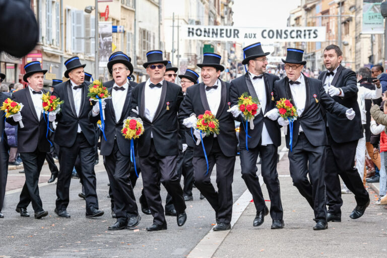 France, Villefranche sur Saone, 2025-01-26. Traditional wave of conscripts in the rue nationale. The classes in 5 parade