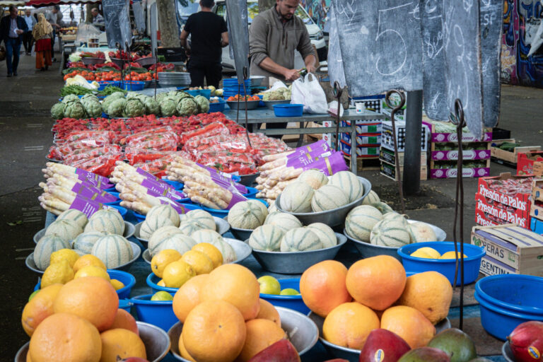 France, Lyon, 2022-05-13. Fruit and vegetables on a food market stall on quai saint antoine.Photograph by Franck CHAPOL