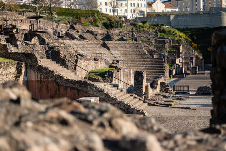 France, Lyon, 2023-04-05. View of the Gallo-Roman remains of the ancient theatre. Photograph by Franck CHAPOLARD / Colle