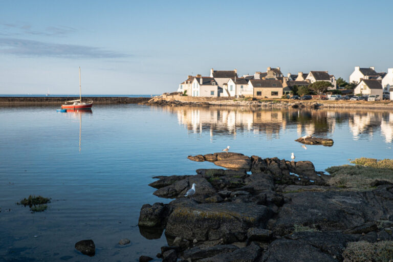 France, Lesconil, 2026-08-03. The port of Lesconil at high tide, with the village houses and seagulls on the rocks in th