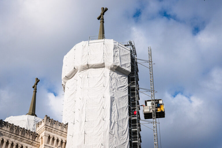 France, Lyon, 2026-05-18. Scaffolding erected for the restoration of the towers of the Basilica of Fourviere. Photograph