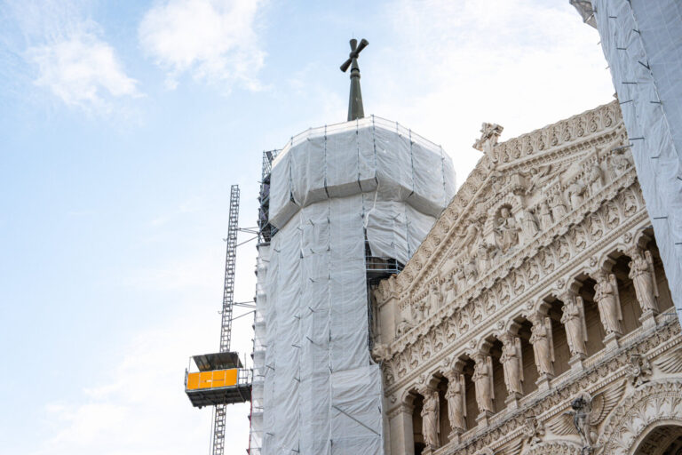 France, Lyon, 2026-05-18. Scaffolding erected for the restoration of the towers of the Basilica of Fourviere. Photograph