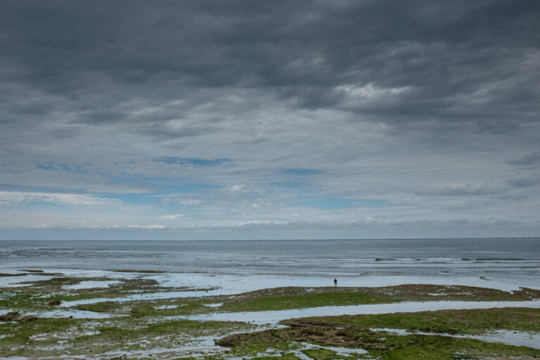 France, Ile de Re, 2016-08-04. A man with his back to the distance looking at the ocean at low tide and the cloudy sky. 