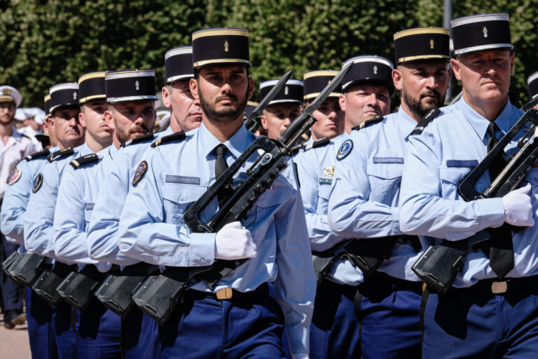 France, Lyon, 2022-07-14. Commemoration of the 14th of July on the place bellecour. Parade of the gendarmerie with the s