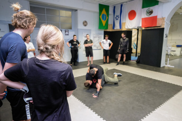 France, Lyon, 2021-10-14. Lyon (France), le 14 octobre 2021. Cours de krav maga avec des eleves qui regardent une demons
