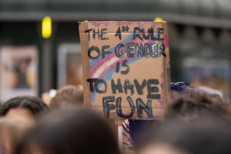France, Paris, 2026-10-03. A cardboard sign reading 'The 1st rule of gender is to have fun' is held up above the crowd. 