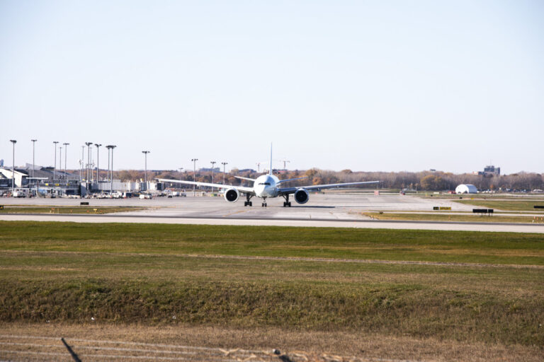 Canada, Montreal, 2021-11-10. Airline aircraft taxiing on the runway at Montreal-Trudeau Airport (YUL), Canada's third b