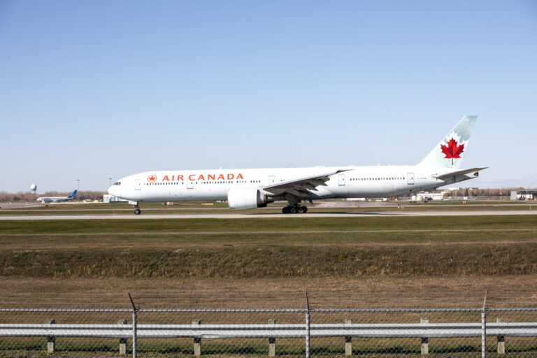 Canada, Montreal, 2021-11-10. Airline aircraft taxiing on the runway at Montreal-Trudeau Airport (YUL), Canada's third b