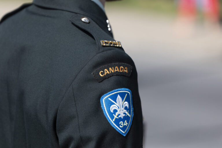 Canada, Drummondville, 2026-09-12. Close-up of a Canadian Armed Forces uniform showing the 34th Brigade shoulder patch w
