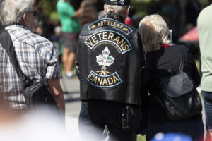 Canada, Drummondville, 2026-09-12. A member of the Canadian Military Group Veterans - Artillery branch - wearing a leath