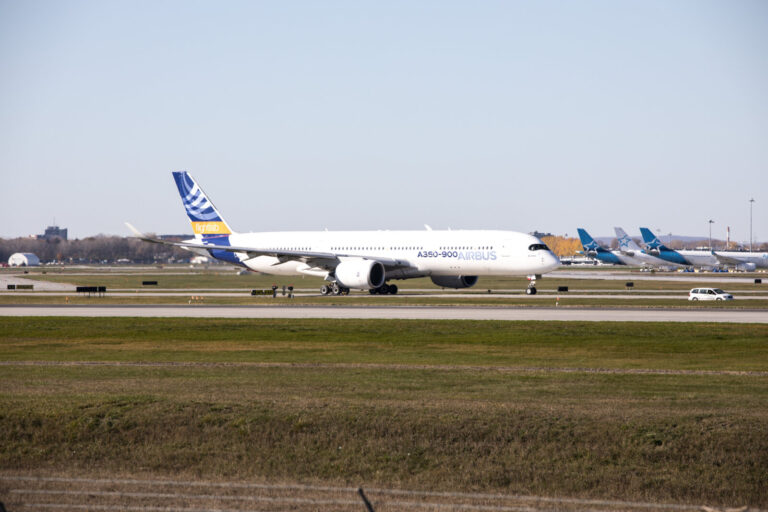 Canada, Montreal, 2021-11-10. Airline aircraft taxiing on the runway at Montreal-Trudeau Airport (YUL), Canada's third b