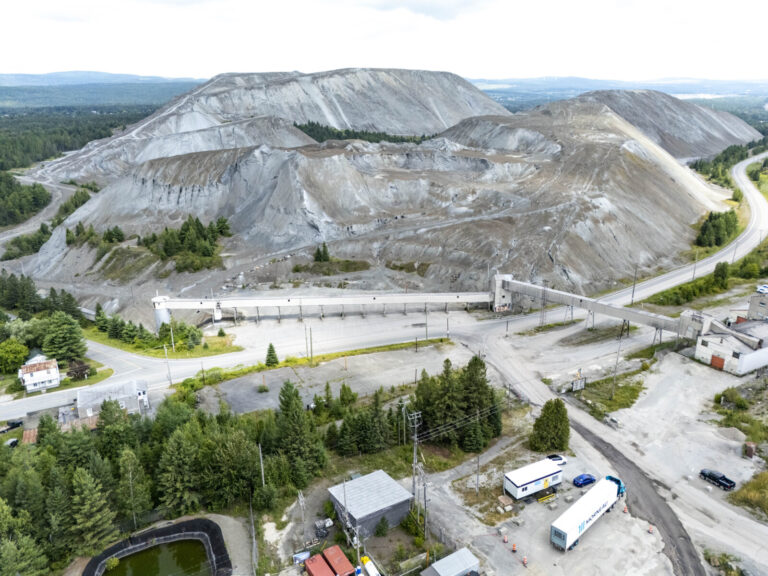 Canada, Thetford Mines, 2025-07-30. Aerial view of the BC mine site in Thetford Mines, Quebec, showing the conveyor belt