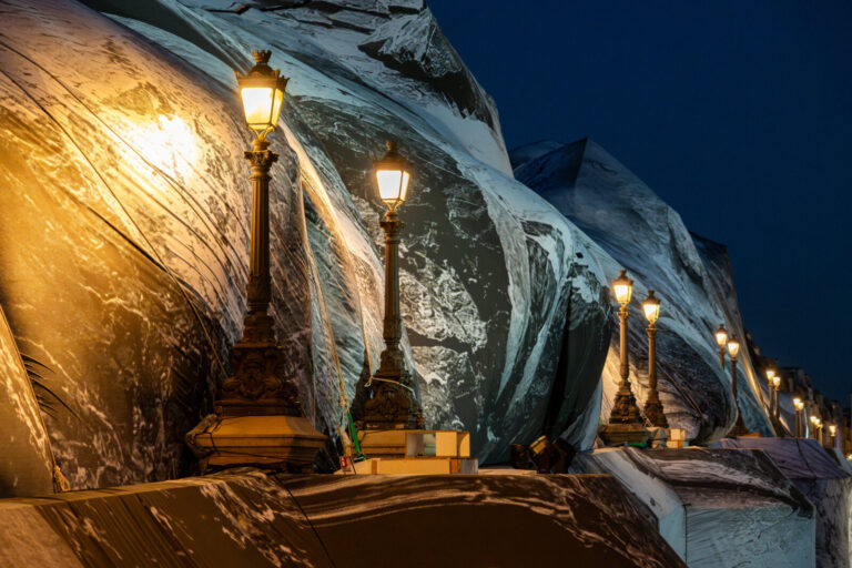 France, Paris, 2026-06-27. Art installation by JR on the Pont Neuf in Paris, transforming the city's oldest bridge into 